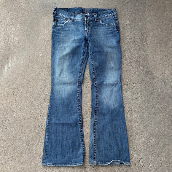 Silver Jeans Denim - Silver Jeans Medium Wash Aiko Bootcut Distressed Western Jeans Womens Size 30x33